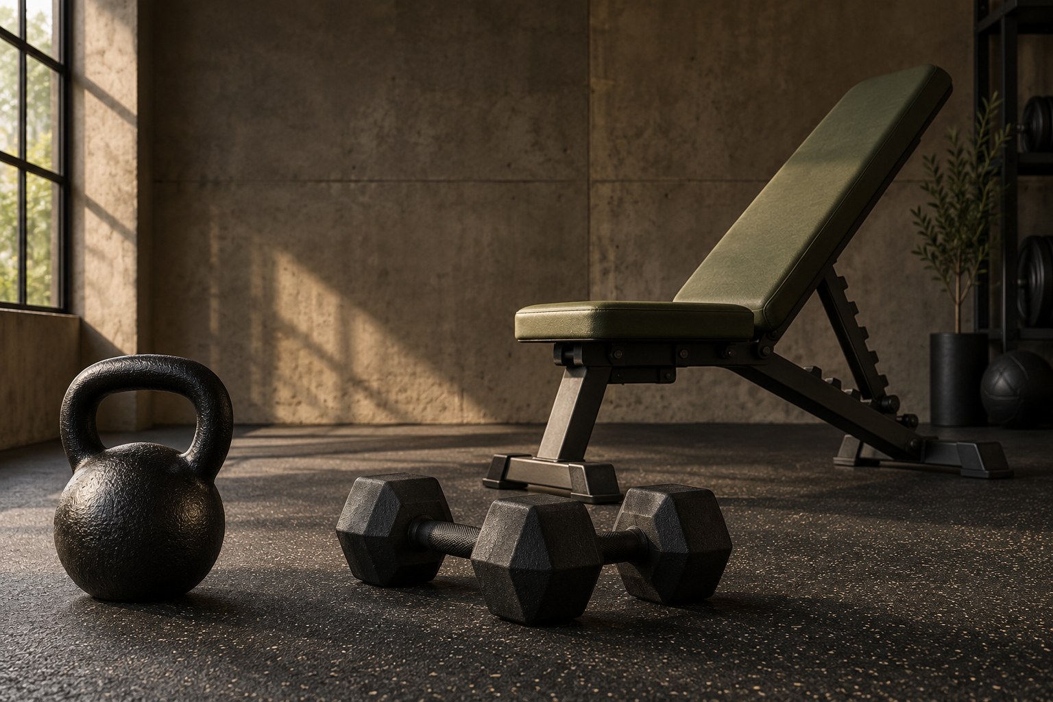 Kettlebell, haltères et banc incliné dans une salle de musculation